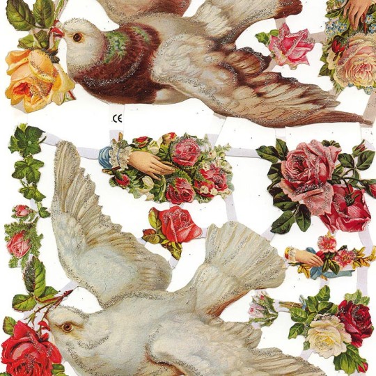Large Doves and Flowers Scraps with Glitter ~ Germany